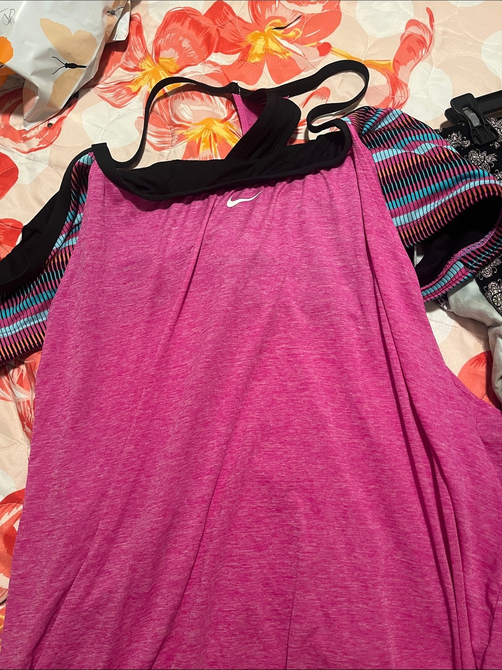 Nike Pink Racerback Tank with Black Trim and Striped Accents bathing suit top